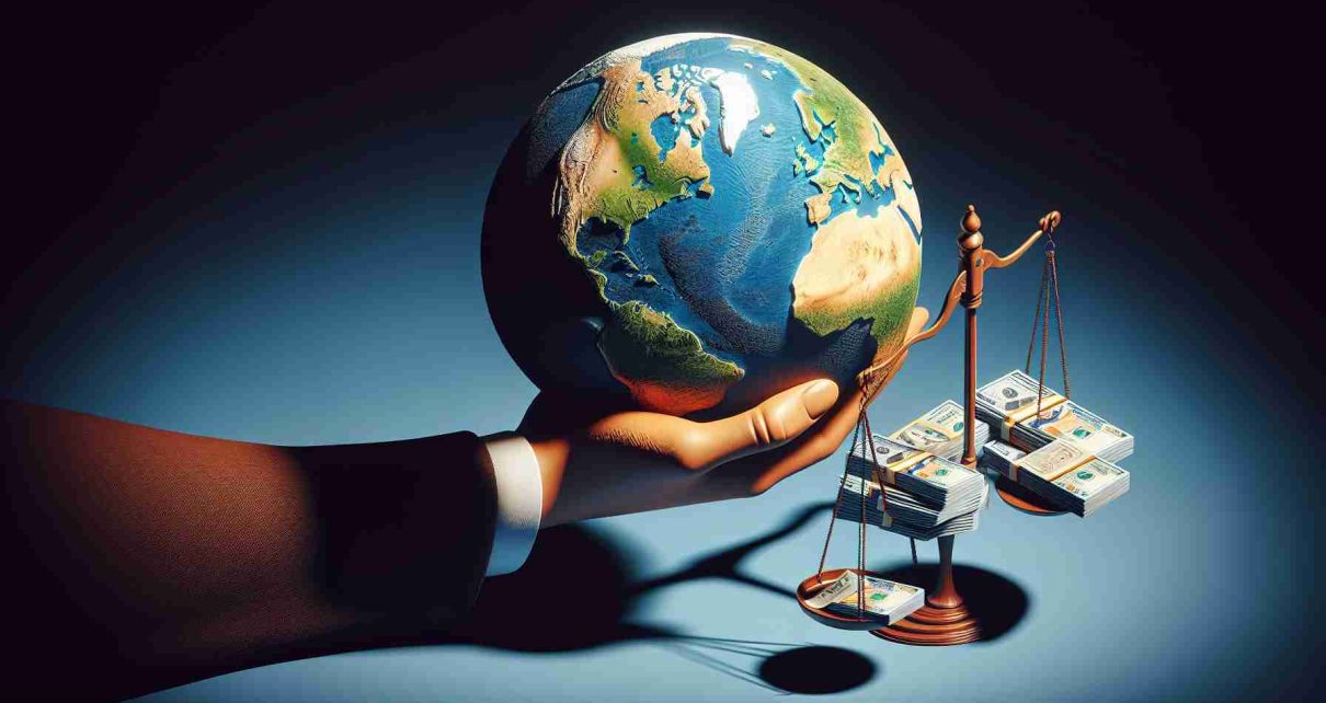 Generate a realistic, high-definition image symbolizing international funding and human rights violations. It could feature a pair of hands exchanging money with the globe in the background to represent international funding. Shadows on the globe could hint at the darker side of human rights violations. Additionally, consider including scales of justice tipped unfavorably, visually communicating imbalance and unfairness associated with human rights violations.