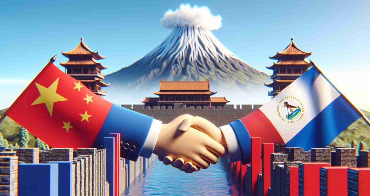 A high-definition, realistic image depicting the symbolic strengthening of ties between China and Nicaragua. The scene could include national symbols of both countries such as the Great Wall of China and the Momotombo Volcano of Nicaragua, along with a handshake or other representative symbol for partnership. However, no specific public figures should be present.