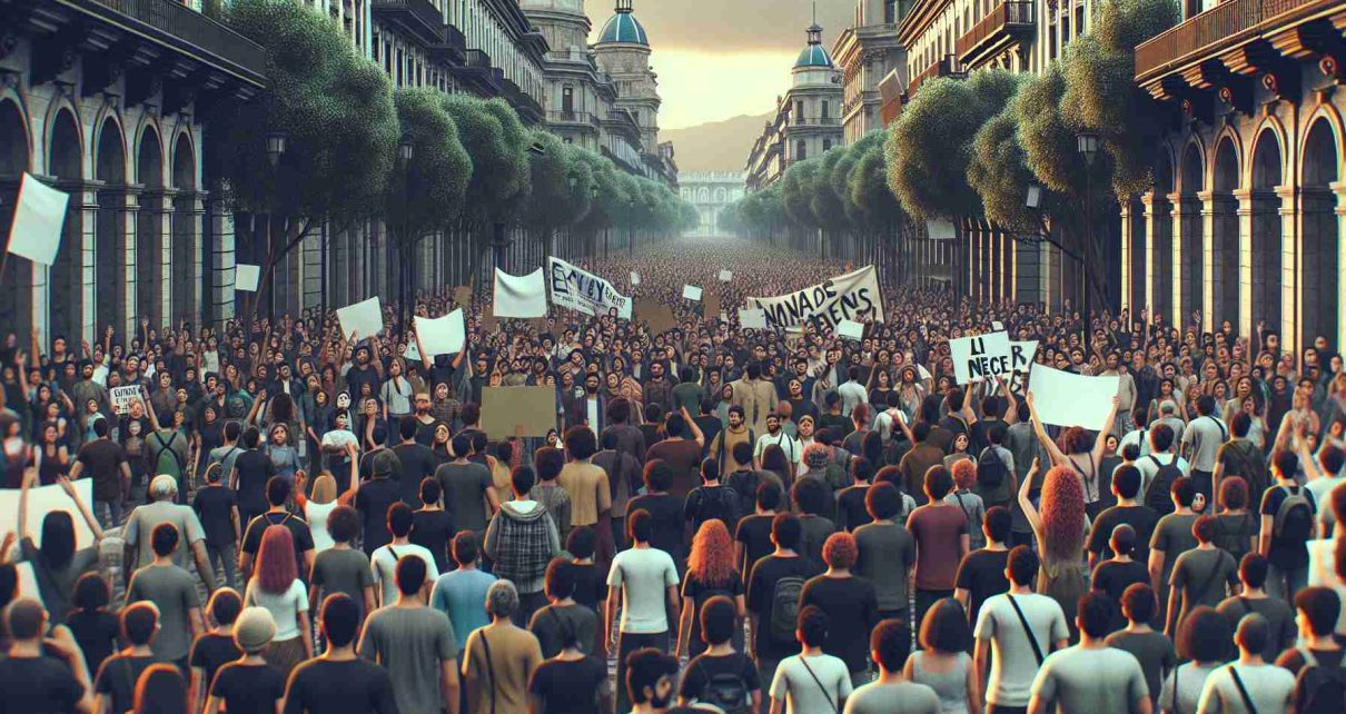 Generate a detailed image of a peaceful demonstration happening in the streets of a Latin American city. The crowd is mixed, with people of diverse age groups and varying gender identities. They are holding up signs and banners expressing their discontent and demanding for a fair electoral process. The city architecture should be characteristic of Latin American styles. The environment should be peaceful, capturing the exercising of democratic rights. Ensure the realism and high definition of the image.