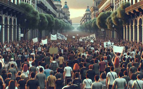 Generate a detailed image of a peaceful demonstration happening in the streets of a Latin American city. The crowd is mixed, with people of diverse age groups and varying gender identities. They are holding up signs and banners expressing their discontent and demanding for a fair electoral process. The city architecture should be characteristic of Latin American styles. The environment should be peaceful, capturing the exercising of democratic rights. Ensure the realism and high definition of the image.