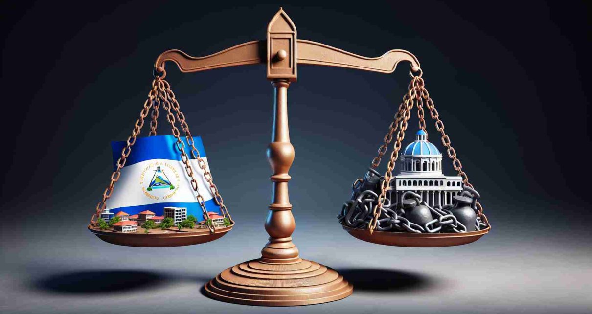 A symbolic representation of the economic situation in Nicaragua facing difficulties due to restrictive laws. It could depict a balance scale with one side bearing prospering Nicaragua's national landmarks, and the other side weighed down by heavy chains symbolizing repressive laws. The image is depicted in a high-definition realistic style.