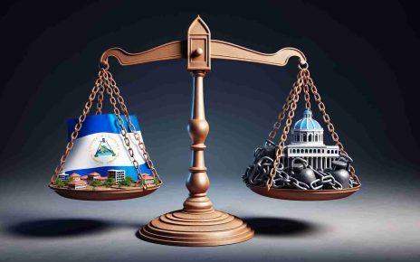 A symbolic representation of the economic situation in Nicaragua facing difficulties due to restrictive laws. It could depict a balance scale with one side bearing prospering Nicaragua's national landmarks, and the other side weighed down by heavy chains symbolizing repressive laws. The image is depicted in a high-definition realistic style.