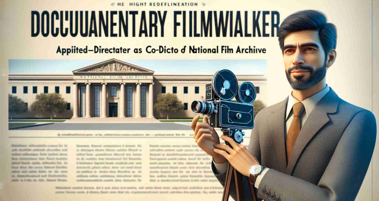 Realistic high-definition visual representation of a headline stating 'Documentary Filmmaker Appointed as Co-Director of National Film Archive'. It primarily features an image of a professional in the film industry, who identifies as a Latino male, exuding enthusiasm and dedication. He's holding a vintage film camera in one hand, a signifier of his new role as a documentary filmmaker. Contributing to the composition, a tasteful backdrop of the National Film Archive building can be seen. The headline is displayed in bold, uppercase letters at the bottom of the image.