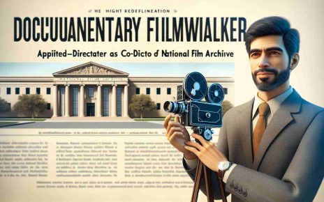 Realistic high-definition visual representation of a headline stating 'Documentary Filmmaker Appointed as Co-Director of National Film Archive'. It primarily features an image of a professional in the film industry, who identifies as a Latino male, exuding enthusiasm and dedication. He's holding a vintage film camera in one hand, a signifier of his new role as a documentary filmmaker. Contributing to the composition, a tasteful backdrop of the National Film Archive building can be seen. The headline is displayed in bold, uppercase letters at the bottom of the image.