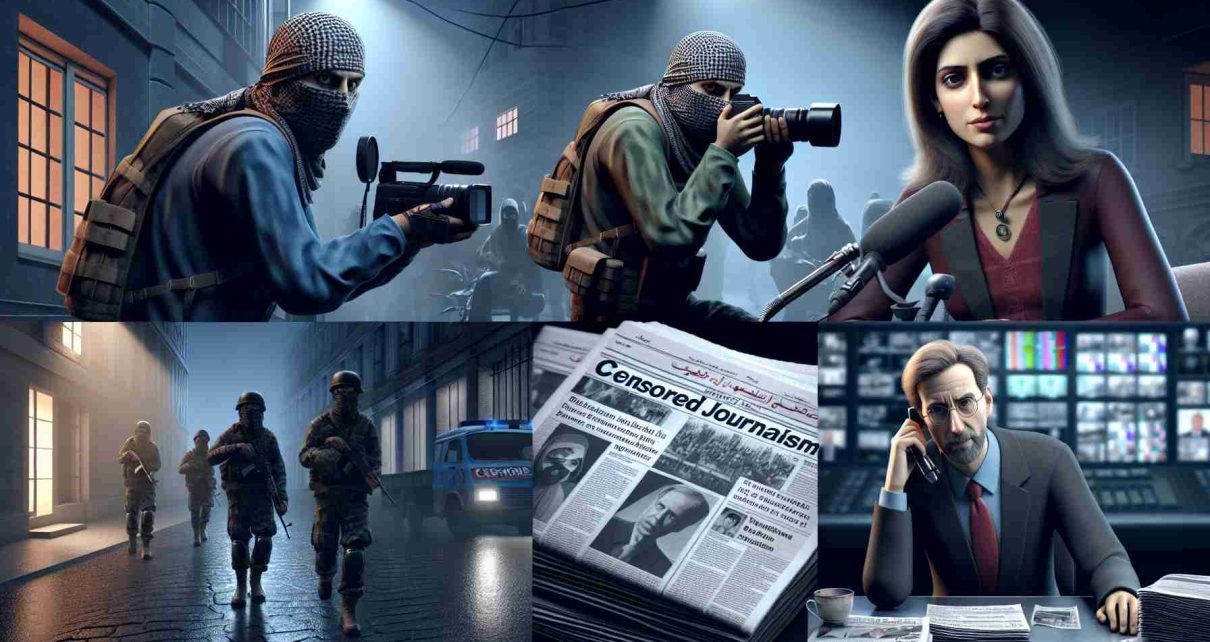 High-resolution realistic image displaying the situation of restricted journalism in a fictional location. Picture includes multiple tense scenes: a journalist of Middle-Eastern descent, female, stealthily capturing photos in the shadow, a Caucasian male reporter broadcasting news in hushed voice with a worried expression, a set of newspapers showing censored articles, and a gloom environment around the press building.