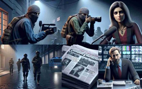 High-resolution realistic image displaying the situation of restricted journalism in a fictional location. Picture includes multiple tense scenes: a journalist of Middle-Eastern descent, female, stealthily capturing photos in the shadow, a Caucasian male reporter broadcasting news in hushed voice with a worried expression, a set of newspapers showing censored articles, and a gloom environment around the press building.