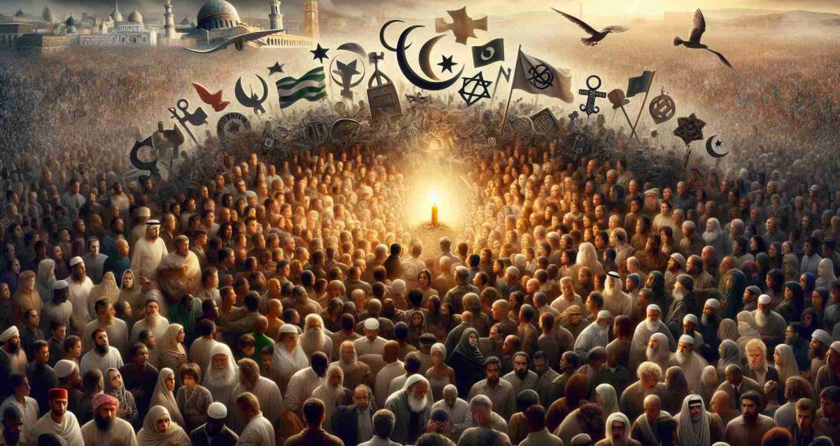 Create a high-definition, realistic image representing the concept of religious freedom under threat in a troubled nation. Visualize a heterogeneous crowd of people from diverse descents such as Caucasian, South Asian, Middle-Eastern, Hispanic, Black, and White. Among them, show signs of distress, symbols of various religions, and a backdrop portraying a nation in turmoil. However, a faint glimmer of hope should be represented as well, perhaps in the form of a small candle being protected from a gust of wind. Ensure it does not depict any real persons or copyrighted content.