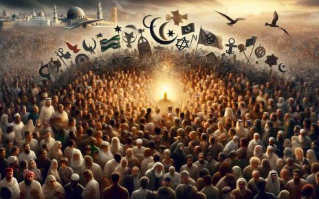 Create a high-definition, realistic image representing the concept of religious freedom under threat in a troubled nation. Visualize a heterogeneous crowd of people from diverse descents such as Caucasian, South Asian, Middle-Eastern, Hispanic, Black, and White. Among them, show signs of distress, symbols of various religions, and a backdrop portraying a nation in turmoil. However, a faint glimmer of hope should be represented as well, perhaps in the form of a small candle being protected from a gust of wind. Ensure it does not depict any real persons or copyrighted content.