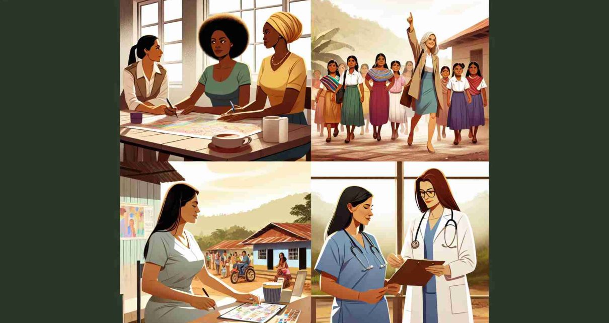 Generate a high-definition, realistic photograph illustrating an empowering scene of women in Nicaragua. Show the women involved in different active roles, showcasing their strengths and leadership skills. Illustrate a diverse group including a Black woman leading a community meeting, a Middle-Eastern woman teaching in a school, a Hispanic woman handling a local business, and a Caucasian woman providing medical service in a rural health center.