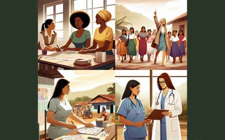 Generate a high-definition, realistic photograph illustrating an empowering scene of women in Nicaragua. Show the women involved in different active roles, showcasing their strengths and leadership skills. Illustrate a diverse group including a Black woman leading a community meeting, a Middle-Eastern woman teaching in a school, a Hispanic woman handling a local business, and a Caucasian woman providing medical service in a rural health center.