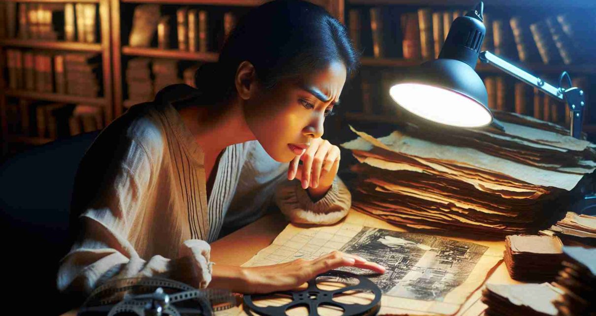 Create a striking HD image capturing the fervor of a documentary filmmaker. Imagine the filmmaker to be a South Asian woman, deeply immersed in the analysis of historical documents and artifacts. Her workspace is cluttered with ancient texts, photographs, and old film reels. She is meticulously scrutinizing an old map under a desk lamp, her face reflecting the concentrated passion of her pursuit of historical truth.
