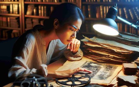 Create a striking HD image capturing the fervor of a documentary filmmaker. Imagine the filmmaker to be a South Asian woman, deeply immersed in the analysis of historical documents and artifacts. Her workspace is cluttered with ancient texts, photographs, and old film reels. She is meticulously scrutinizing an old map under a desk lamp, her face reflecting the concentrated passion of her pursuit of historical truth.