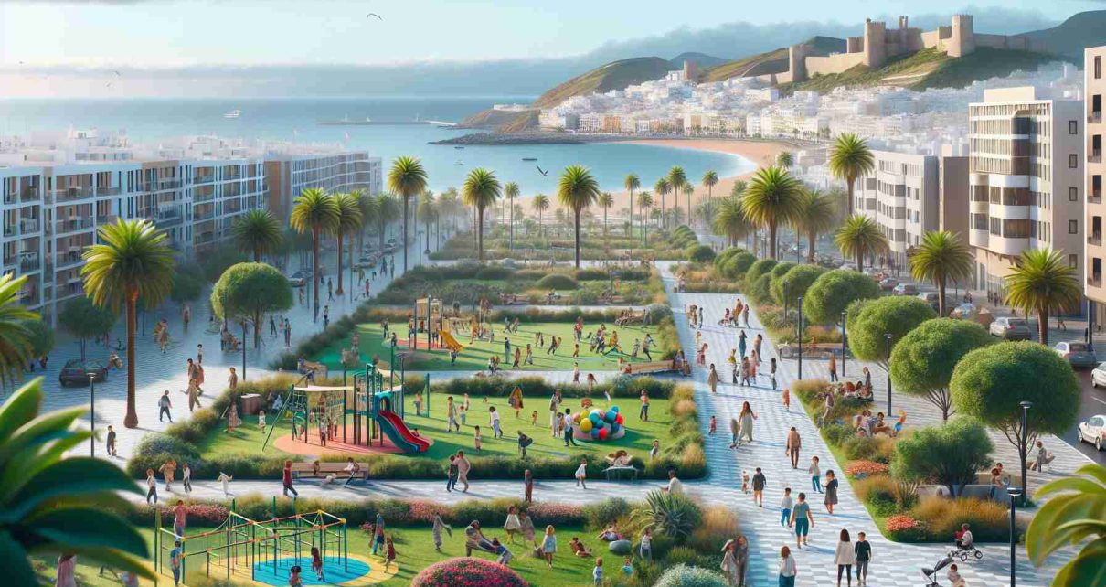 Generate a realistic, high-definition image of community spaces thriving with diverse activities in Ceuta, a place known for its unique blend of cultures. The scene could encompass parks, playgrounds, or community centers, bustling with people of different descents like Caucasian, Hispanic, Black, Middle-Eastern, and South Asian, engaging in various activities. There could be kids of various descents playing, adults participating in community events, interactive art installations, and lush green areas. A glimpse of Ceuta's scenic coastline in the backdrop could add depth to the scene.