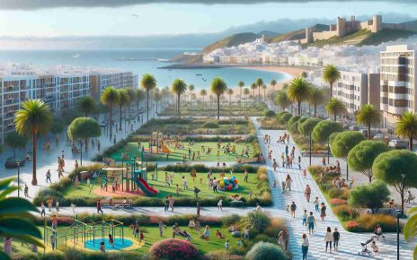 Generate a realistic, high-definition image of community spaces thriving with diverse activities in Ceuta, a place known for its unique blend of cultures. The scene could encompass parks, playgrounds, or community centers, bustling with people of different descents like Caucasian, Hispanic, Black, Middle-Eastern, and South Asian, engaging in various activities. There could be kids of various descents playing, adults participating in community events, interactive art installations, and lush green areas. A glimpse of Ceuta's scenic coastline in the backdrop could add depth to the scene.