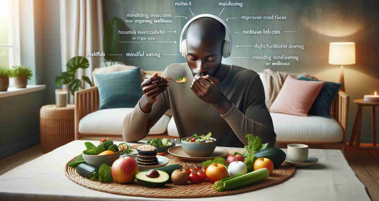 A realistic, high-definition image representing the benefits of mindful eating for improved wellness. This could include a peaceful dining environment with a person of Black descent calmly savoring their food, focusing meticulously on every bite. On the table, a diverse variety of nutritious food items are beautifully arranged. The room is infused with soft, calming colors that contribute to a serene ambiance. Integrated within the image are text-based facts or tips about mindful eating and its positive effects on physical and mental wellness.