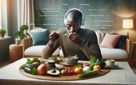 A realistic, high-definition image representing the benefits of mindful eating for improved wellness. This could include a peaceful dining environment with a person of Black descent calmly savoring their food, focusing meticulously on every bite. On the table, a diverse variety of nutritious food items are beautifully arranged. The room is infused with soft, calming colors that contribute to a serene ambiance. Integrated within the image are text-based facts or tips about mindful eating and its positive effects on physical and mental wellness.