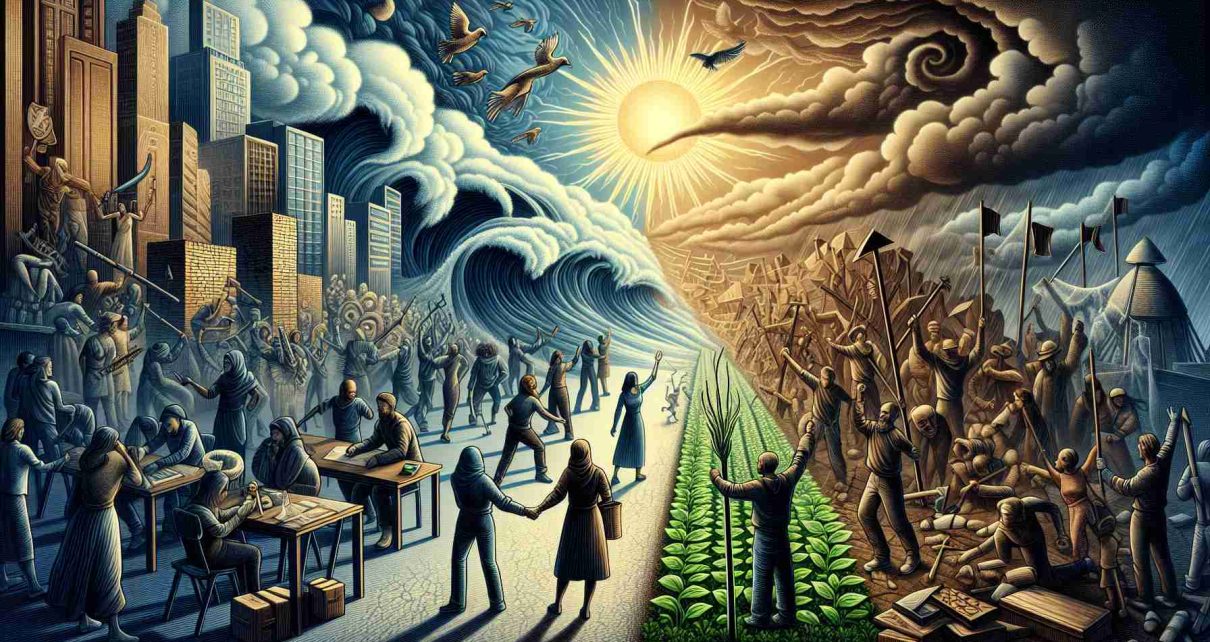 Illustrate a high-definition, realistic portrayal of a society in the midst of transformation, focusing on both the challenges and opportunities that arise from this drastic change. Show individuals of different genders and descents collaborating to build new infrastructure, while also battling resistance and traditional limitations. Also depict symbols denoting hope, such as a rising sun or a sprouting plant, juxtaposed against symbols of struggle, like a harsh storm or a tall brick wall. Please bring this scene to life by using the color scheme and cinematic detail of a high-definition photograph.