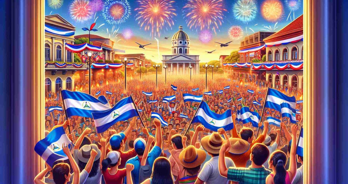 Vibrant and High-Definition image of a crowd celebrating the 45th anniversary of the revolution in Nicaragua. The scene should include people cheering, waving Nicaraguan flags, decorated buildings and streets, firework displays in the sky, and the air filled with festivity. Among the people, include a diverse range that includes both genders and a range of descents such as Hispanic, Caucasian, Middle Eastern, and South Asian. The setting is the capital Managua with its iconic landmarks subtly included in the background.