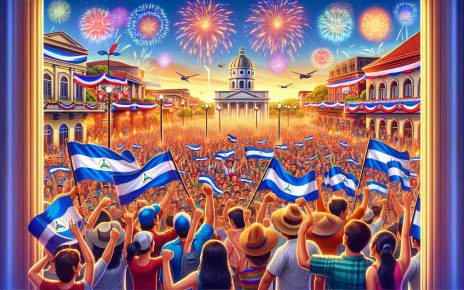 Vibrant and High-Definition image of a crowd celebrating the 45th anniversary of the revolution in Nicaragua. The scene should include people cheering, waving Nicaraguan flags, decorated buildings and streets, firework displays in the sky, and the air filled with festivity. Among the people, include a diverse range that includes both genders and a range of descents such as Hispanic, Caucasian, Middle Eastern, and South Asian. The setting is the capital Managua with its iconic landmarks subtly included in the background.