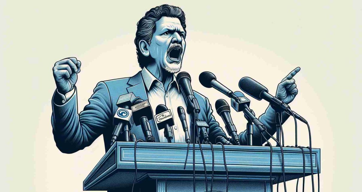 A detailed illustration of a politician, similar in appearance to those typically seen in Nicaragua, expressively speaking with a serious and determined expression. He stands at a podium, emphasizing his point with a gesture. The setting is a press conference, identified by the multitude of microphones and news cameras. He is passionately denouncing an economic blockade and calling for peace. The image should be high-resolution and realistic.