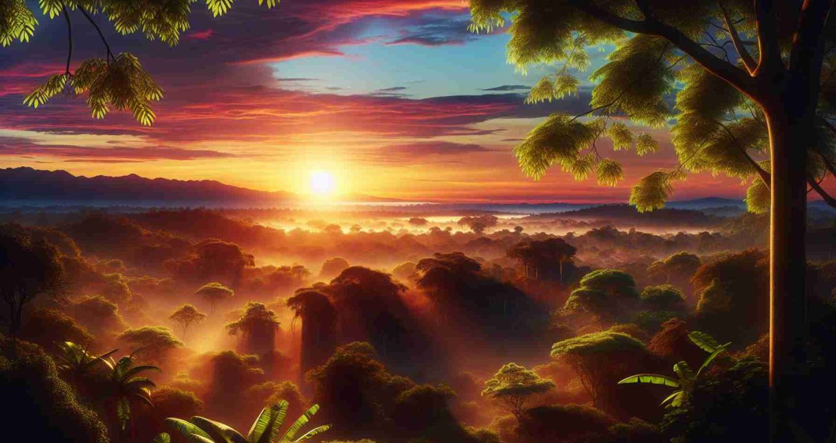 A high-definition, photorealistic image of a new dawn in Nicaragua. The scene should depict the sun rising over lush, tropical forests, with a vibrant array of colors in the sky from the sunrise. The first rays of the sun can be seen glinting off the dew-dropped leaves, illuminating the natural beauty of the region and signifying the start of a new day.