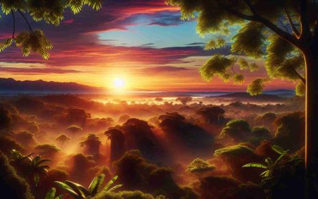 A high-definition, photorealistic image of a new dawn in Nicaragua. The scene should depict the sun rising over lush, tropical forests, with a vibrant array of colors in the sky from the sunrise. The first rays of the sun can be seen glinting off the dew-dropped leaves, illuminating the natural beauty of the region and signifying the start of a new day.