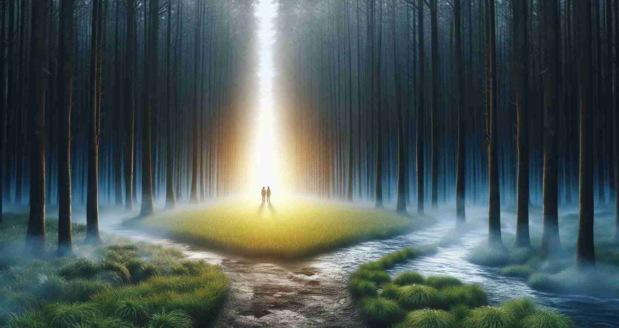 An ultra-high-resolution, realistic depiction of a symbolic scene representing two divergent ideologies. In the center, two paths in a dense, dark forest diverge: one leading towards a bright, sunny upland meadow, signifying optimism and progress, the other sinking into a foggy, mysterious marshland, indicating ambiguity and struggle. Both paths are personified by identical twins, one standing at the beginning of each path, embodying the ideological differences despite their common genetic roots.