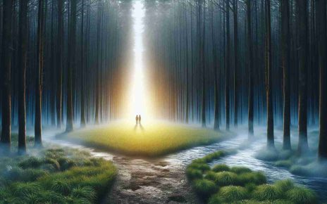 An ultra-high-resolution, realistic depiction of a symbolic scene representing two divergent ideologies. In the center, two paths in a dense, dark forest diverge: one leading towards a bright, sunny upland meadow, signifying optimism and progress, the other sinking into a foggy, mysterious marshland, indicating ambiguity and struggle. Both paths are personified by identical twins, one standing at the beginning of each path, embodying the ideological differences despite their common genetic roots.