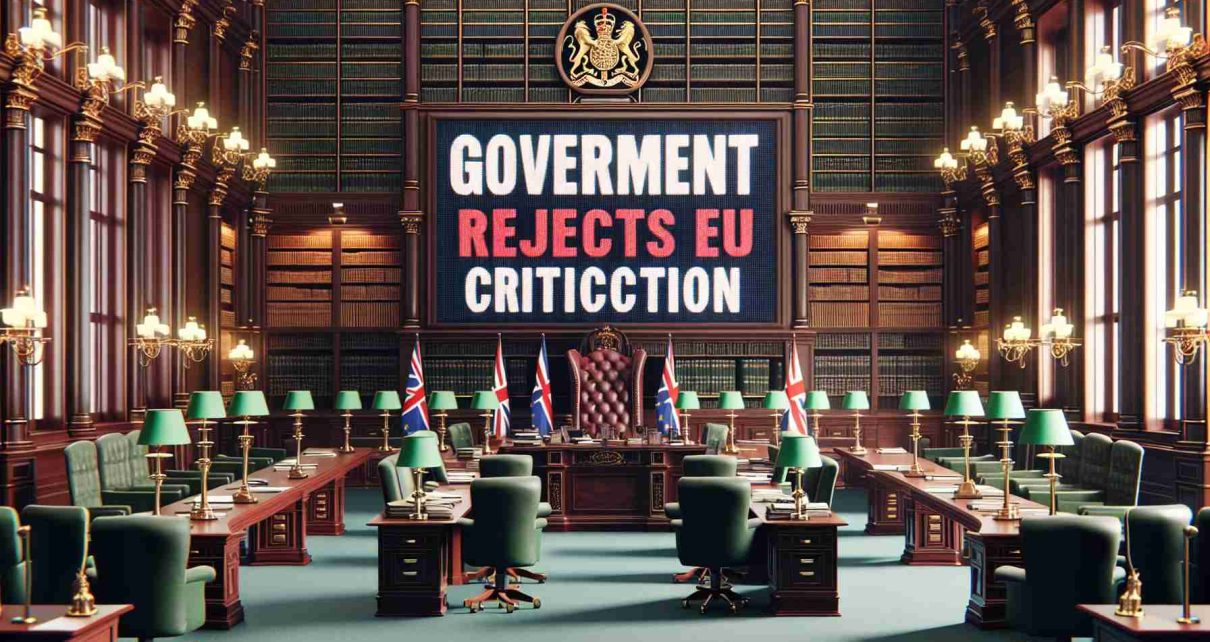 A realistic high-definition image of a news headline stating 'Government Rejects EU Criticism', with the backdrop being an official government office interior, filled with mahogany desks, tall bookshelves filled with documents, green lamps, and a large national flag hanging behind the main desk.