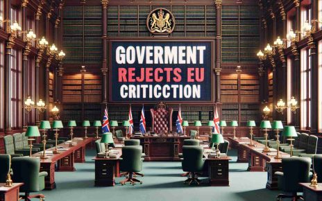 A realistic high-definition image of a news headline stating 'Government Rejects EU Criticism', with the backdrop being an official government office interior, filled with mahogany desks, tall bookshelves filled with documents, green lamps, and a large national flag hanging behind the main desk.