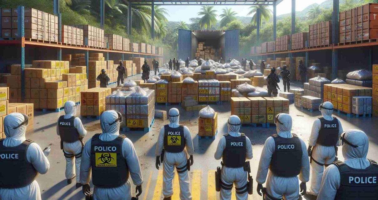 A high-definition, realistic image depicting a substantial confiscation of illegal substances in a Central American setting. As such, visualize a scene with law enforcement officers, some of whom are female and of Hispanic descent while others are male and of mixed South Asian and Caucasian descent. They are wearing protective gear and handling boxes that are marked with biohazard symbols. The setting includes a large warehouse filled with crates, and tropical foliage is visible in the background, hinting at the Central American location.