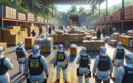 A high-definition, realistic image depicting a substantial confiscation of illegal substances in a Central American setting. As such, visualize a scene with law enforcement officers, some of whom are female and of Hispanic descent while others are male and of mixed South Asian and Caucasian descent. They are wearing protective gear and handling boxes that are marked with biohazard symbols. The setting includes a large warehouse filled with crates, and tropical foliage is visible in the background, hinting at the Central American location.