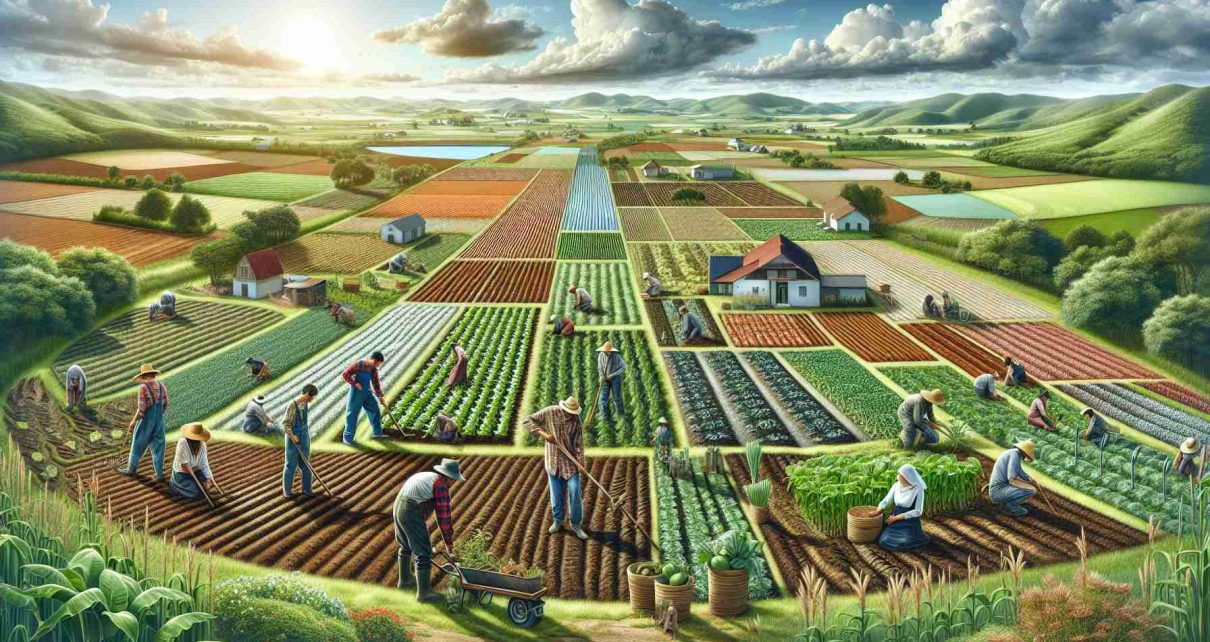 Detailed and high-definition image showing sustainable agricultural practices being expanded in rural communities. The farming landscape demonstrates various methods such as crop rotation, contour plowing, and organic farming. Diverse farmers of both genders and different descents including Caucasian, Hispanic, Black, Middle-Eastern, South Asian, and White are involved in the farming tasks, reflecting the global approach to sustainable agriculture. The agricultural lands are surrounded by rural houses, lush green fields, and far-reaching blue skies. The elements in the image convey the rise of environmentally friendly farming techniques in less urbanized areas.