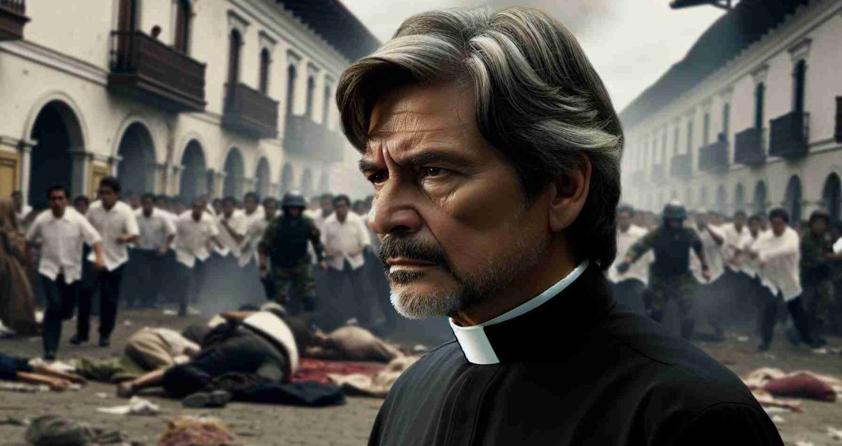 High-definition, realistic image of a scene depicting a male priest of Hispanic descent in Nicaragua during a moment of tension. He is dressed in traditional white and black priest attire, appearing to be in his mid-50s, with greying hair. His facial expression conveys a sense of concern and resilience. Surrounding him is a scene of chaos, symbolizing the conflict between the government and the church. However, no direct violence or distressing imagery is included.