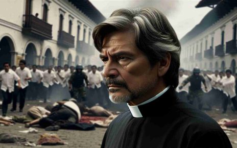 High-definition, realistic image of a scene depicting a male priest of Hispanic descent in Nicaragua during a moment of tension. He is dressed in traditional white and black priest attire, appearing to be in his mid-50s, with greying hair. His facial expression conveys a sense of concern and resilience. Surrounding him is a scene of chaos, symbolizing the conflict between the government and the church. However, no direct violence or distressing imagery is included.