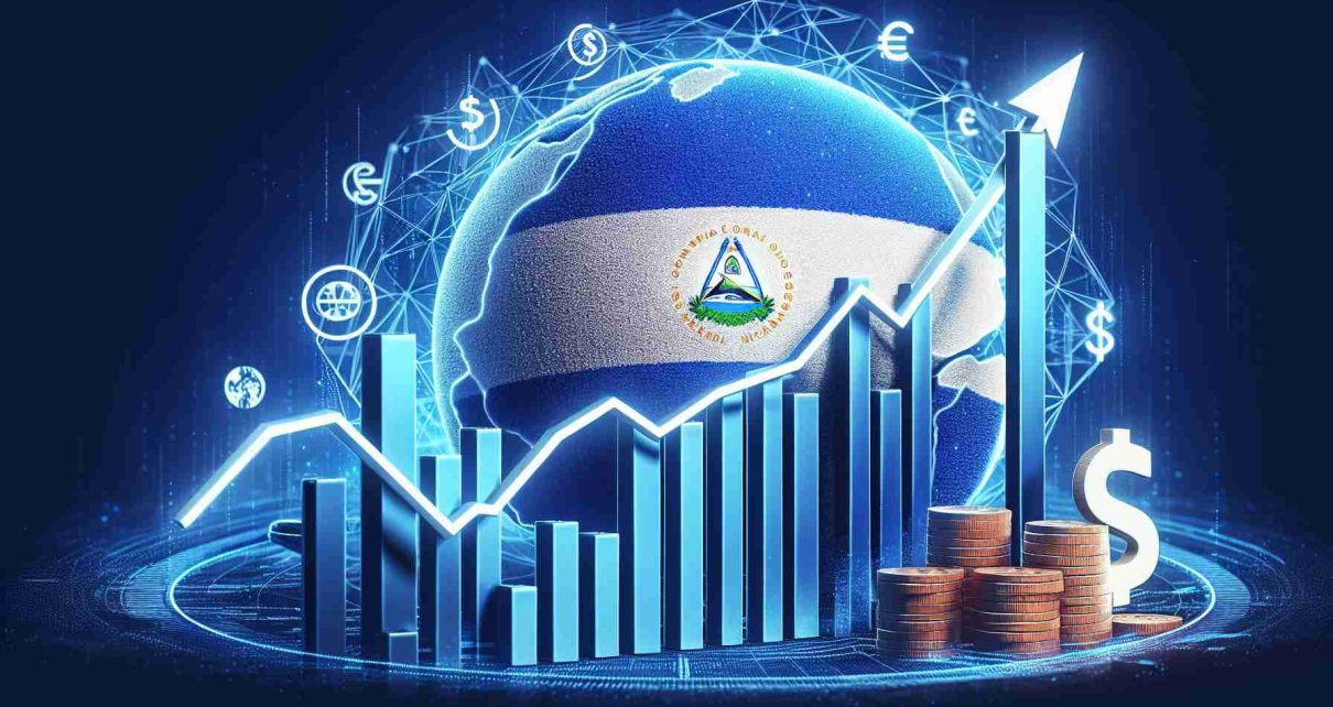 High-definition realistic image showcasing a symbolic representation of a surge in remittances from overseas to Nicaragua in 2024. Illustrate this through a graph or chart showing a significant increase in money flow. Include visual elements representative of Nicaragua such as a geographical silhouette or flag. Also, hint at the concept of overseas through subtle elements like global currency symbols or international communication symbols.