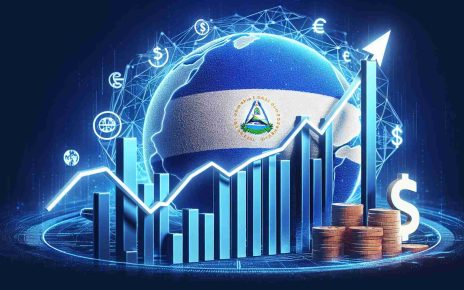 High-definition realistic image showcasing a symbolic representation of a surge in remittances from overseas to Nicaragua in 2024. Illustrate this through a graph or chart showing a significant increase in money flow. Include visual elements representative of Nicaragua such as a geographical silhouette or flag. Also, hint at the concept of overseas through subtle elements like global currency symbols or international communication symbols.