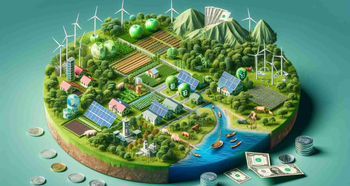 A high-definition, realistic image representing the green financing landscape in Nicaragua. The image should depict various eco-friendly sectors being supported by green financing. These should include renewable energy (such as wind farms, solar panels, etc), sustainable farming, green buildings, forest preservation and other sectors. Additional elements could include symbols of finance such as currency, banknotes, coins, etc. Actual geographical features of Nicaragua could also be included to emphasize the location.