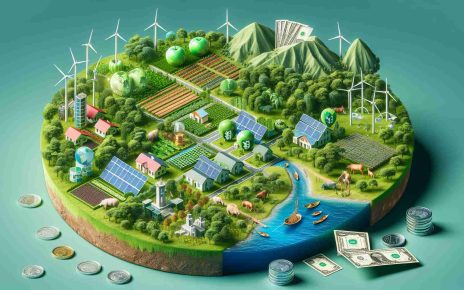 A high-definition, realistic image representing the green financing landscape in Nicaragua. The image should depict various eco-friendly sectors being supported by green financing. These should include renewable energy (such as wind farms, solar panels, etc), sustainable farming, green buildings, forest preservation and other sectors. Additional elements could include symbols of finance such as currency, banknotes, coins, etc. Actual geographical features of Nicaragua could also be included to emphasize the location.