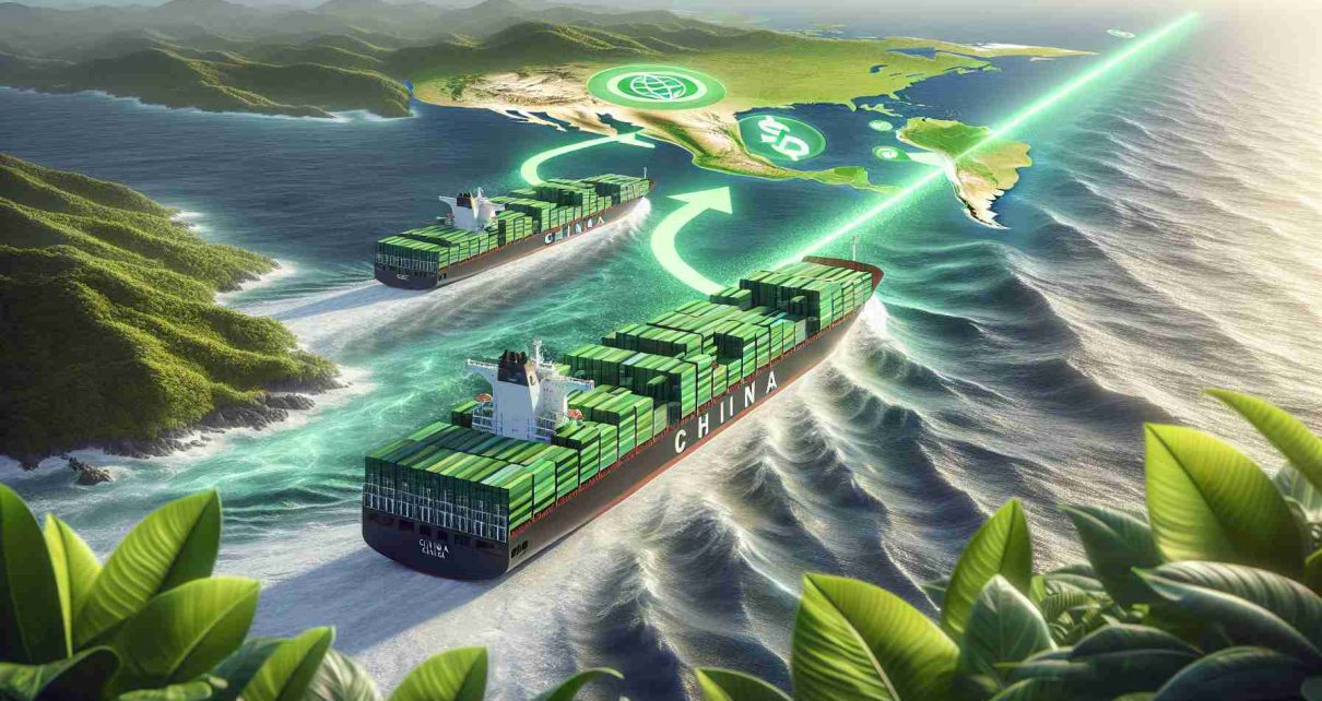 Produce a realistic high-definition image that showcases a fresh trade route being launched between China and Nicaragua, with the main focus being on sustainable practices. Highlight two large cargo ships adorned with sustainable progress symbols, sailing on vast ocean waves. Plentiful green isn't just present in foliage at the route ends, but also incorporated into the designs on the ships. In the background, a large map displaying the new trade route, represented as a bold, dotted line connecting China and Nicaragua, emphasizes the global scale. The vibe suggests cooperation, sustainability, and forward-moving economies.