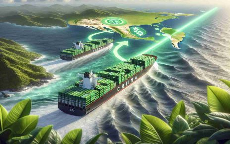 Produce a realistic high-definition image that showcases a fresh trade route being launched between China and Nicaragua, with the main focus being on sustainable practices. Highlight two large cargo ships adorned with sustainable progress symbols, sailing on vast ocean waves. Plentiful green isn't just present in foliage at the route ends, but also incorporated into the designs on the ships. In the background, a large map displaying the new trade route, represented as a bold, dotted line connecting China and Nicaragua, emphasizes the global scale. The vibe suggests cooperation, sustainability, and forward-moving economies.