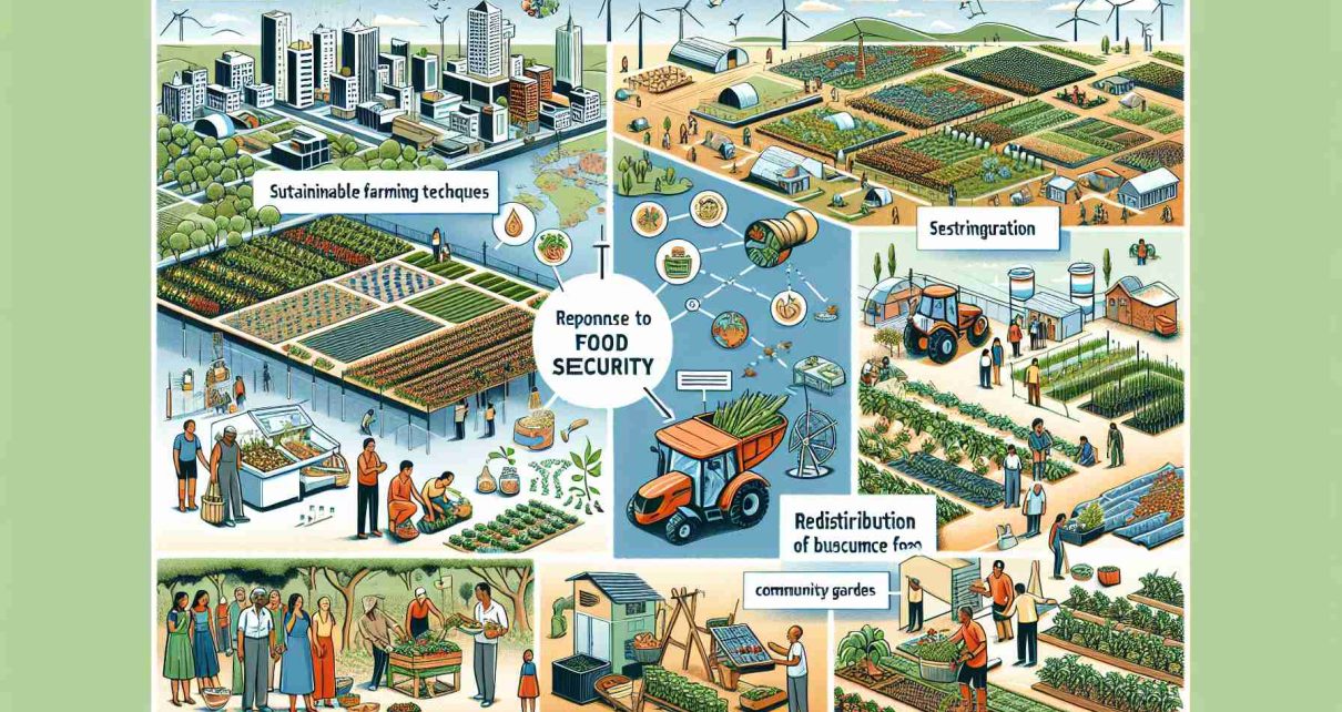 Detailed depiction of various strategies for enhancing food security in response to food scarcity. The scene includes an illustrated map showing areas of food scarcity. Imagery includes sustainable farming techniques, redistribution of surplus food, technological innovations in agriculture, and community gardens. There are people of different genders and descents actively engaged in these activities. Generate an image in high-definition for an accurate representation.