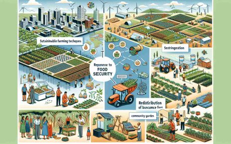 Detailed depiction of various strategies for enhancing food security in response to food scarcity. The scene includes an illustrated map showing areas of food scarcity. Imagery includes sustainable farming techniques, redistribution of surplus food, technological innovations in agriculture, and community gardens. There are people of different genders and descents actively engaged in these activities. Generate an image in high-definition for an accurate representation.