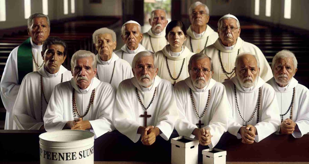 A HD realistic image portraying a group of Nicaraguan priests in religious attire such as white cassocks and rosary beads around their necks. They should be gathered together, exhibiting expressions of worry and anxiety. The background could include a modest church setting, perhaps with empty donation boxes nearby, symbolising the lack of pension funds. The atmosphere should thus be solemn and reflective of their current sobering financial circumstances.