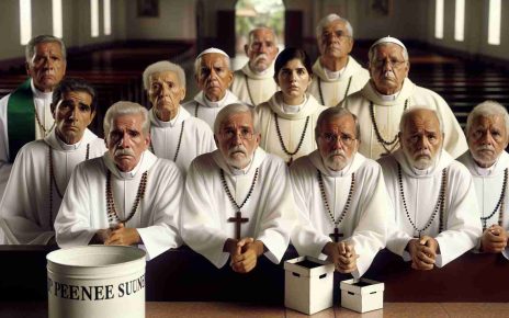 A HD realistic image portraying a group of Nicaraguan priests in religious attire such as white cassocks and rosary beads around their necks. They should be gathered together, exhibiting expressions of worry and anxiety. The background could include a modest church setting, perhaps with empty donation boxes nearby, symbolising the lack of pension funds. The atmosphere should thus be solemn and reflective of their current sobering financial circumstances.