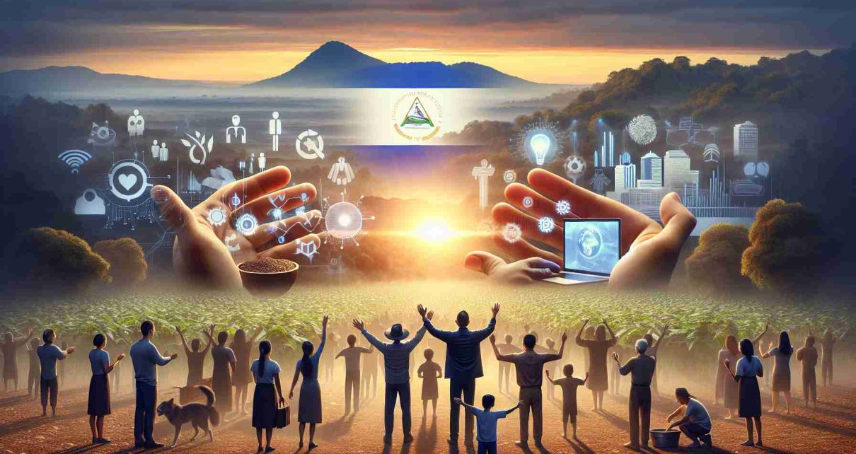 A realistic, high-definition image that represents the beginning of a new era in Nicaragua, showcasing hopeful elements such as sunrise over the horizon, people working together in harmony, education, technology, and sustainable agriculture. The scene should depict a diverse group of people embracing the promise of a brighter future, representative of the hopeful sentiment in Nicaragua.