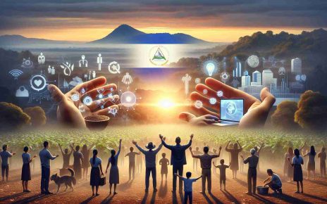 A realistic, high-definition image that represents the beginning of a new era in Nicaragua, showcasing hopeful elements such as sunrise over the horizon, people working together in harmony, education, technology, and sustainable agriculture. The scene should depict a diverse group of people embracing the promise of a brighter future, representative of the hopeful sentiment in Nicaragua.