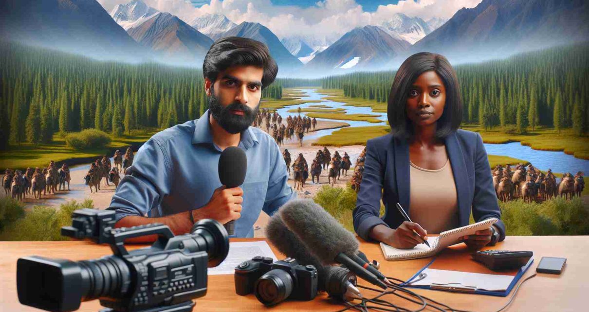 High definition, realistic scene showing a South Asian male journalist and a Black female journalist, both recording and reporting events under challenging and adverse conditions in unknown territories. They are equipped with cameras, microphones, notepads, and other essential journalism tools. The background features a pristine wilderness representing 'beyond borders', suggesting they are working in a remote, unfamiliar location, representing their struggle for survival in the profession.