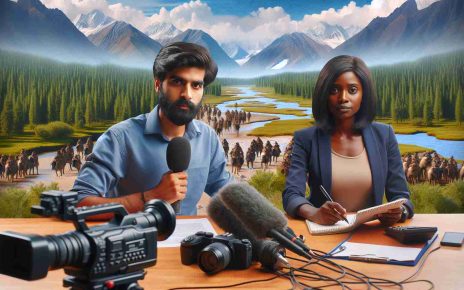 High definition, realistic scene showing a South Asian male journalist and a Black female journalist, both recording and reporting events under challenging and adverse conditions in unknown territories. They are equipped with cameras, microphones, notepads, and other essential journalism tools. The background features a pristine wilderness representing 'beyond borders', suggesting they are working in a remote, unfamiliar location, representing their struggle for survival in the profession.