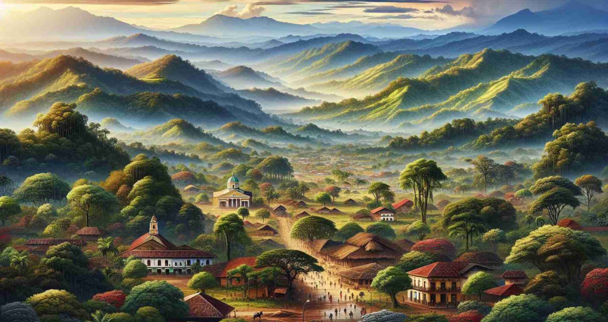 Detailed and realistic high-definition image depicting the majestic scenery and cultural landmarks of Nicaragua. The photo should convey the contrasting sides of this country - its natural beauty intertwined with elements symbolic of social struggles. Include dominating landscapes such as verdant forests, traditional architecture and diverse Nicaraguan people going about their daily life, to capture the resilience and spirit of the country.